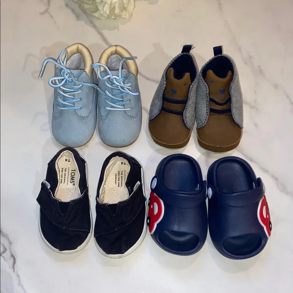 Baby Shoe Bundle Toms,Timberland and Carters- Blue, Brown, Black Sizes 2,3-6M,4T